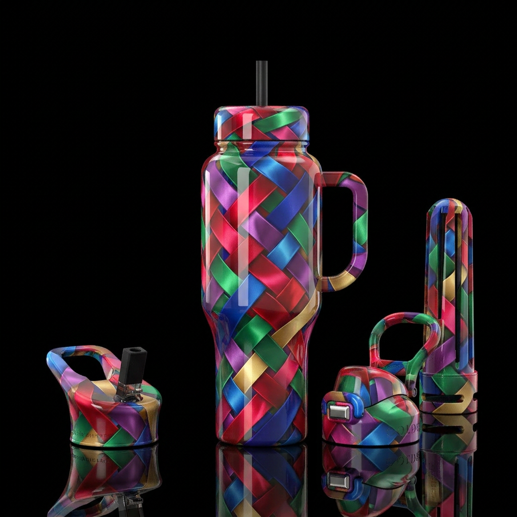 Ribbons overlapping, glossy, trompe-l'œil water bottle design