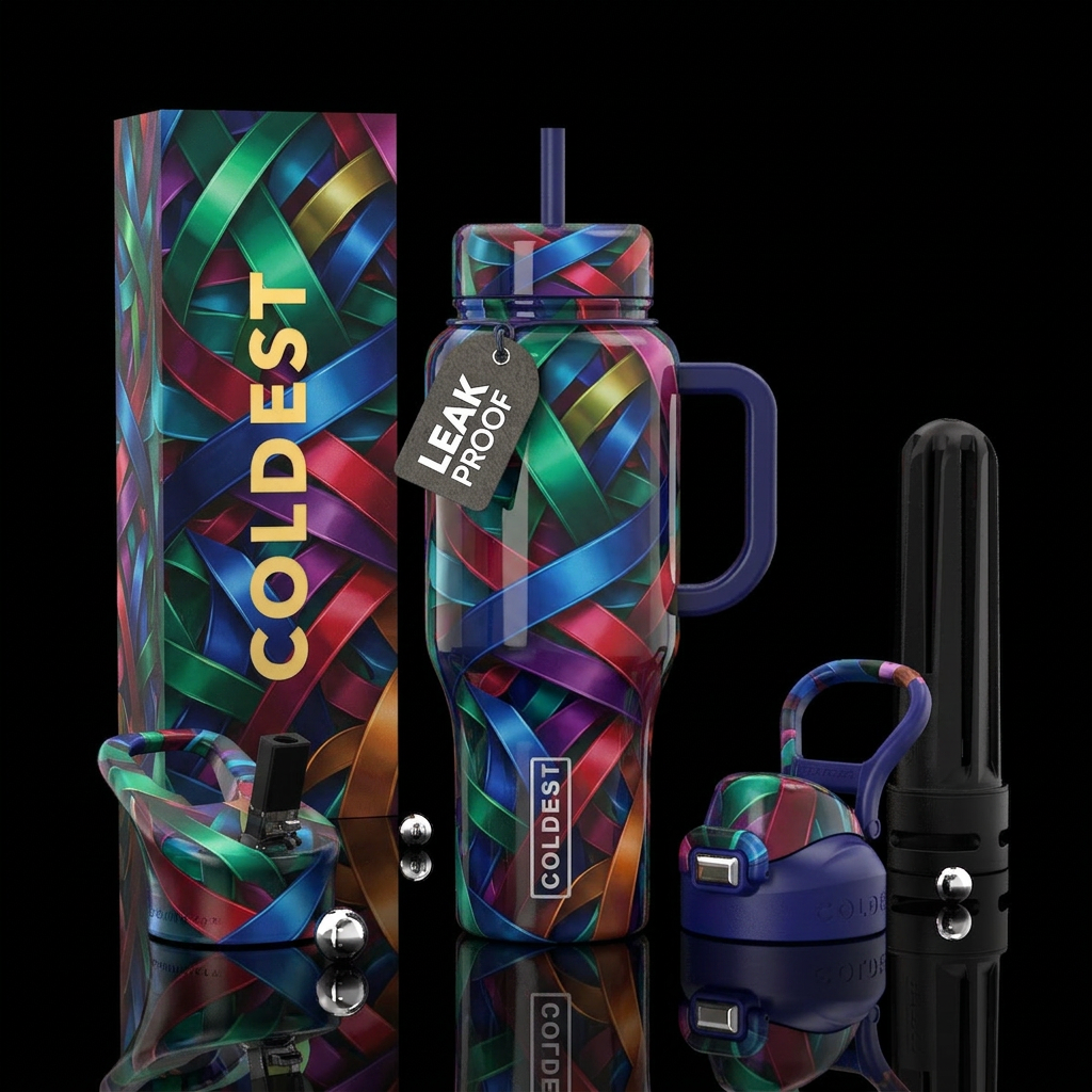 Ribbons intertwined overlapping, glossy, trompe-l'... water bottle design