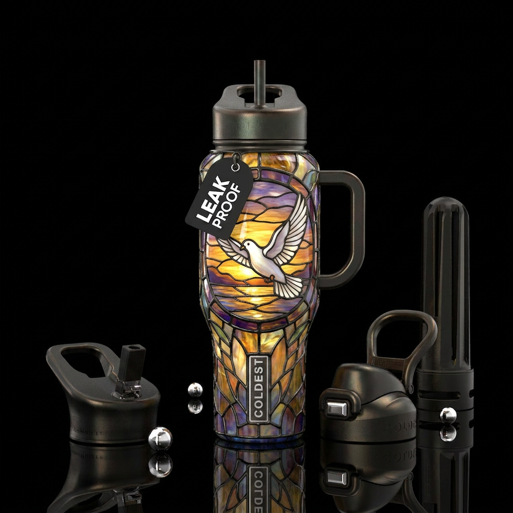 Tiffany lamp inspired glass, white dove flying, su... water bottle design