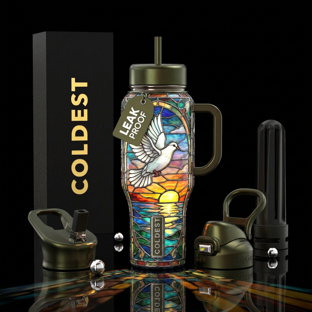 Tiffany lamp inspired glass, white dove flying, su... water bottle design