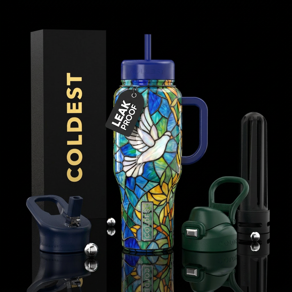 Tiffany lamp inspired glass, white dove flying, gl... water bottle design