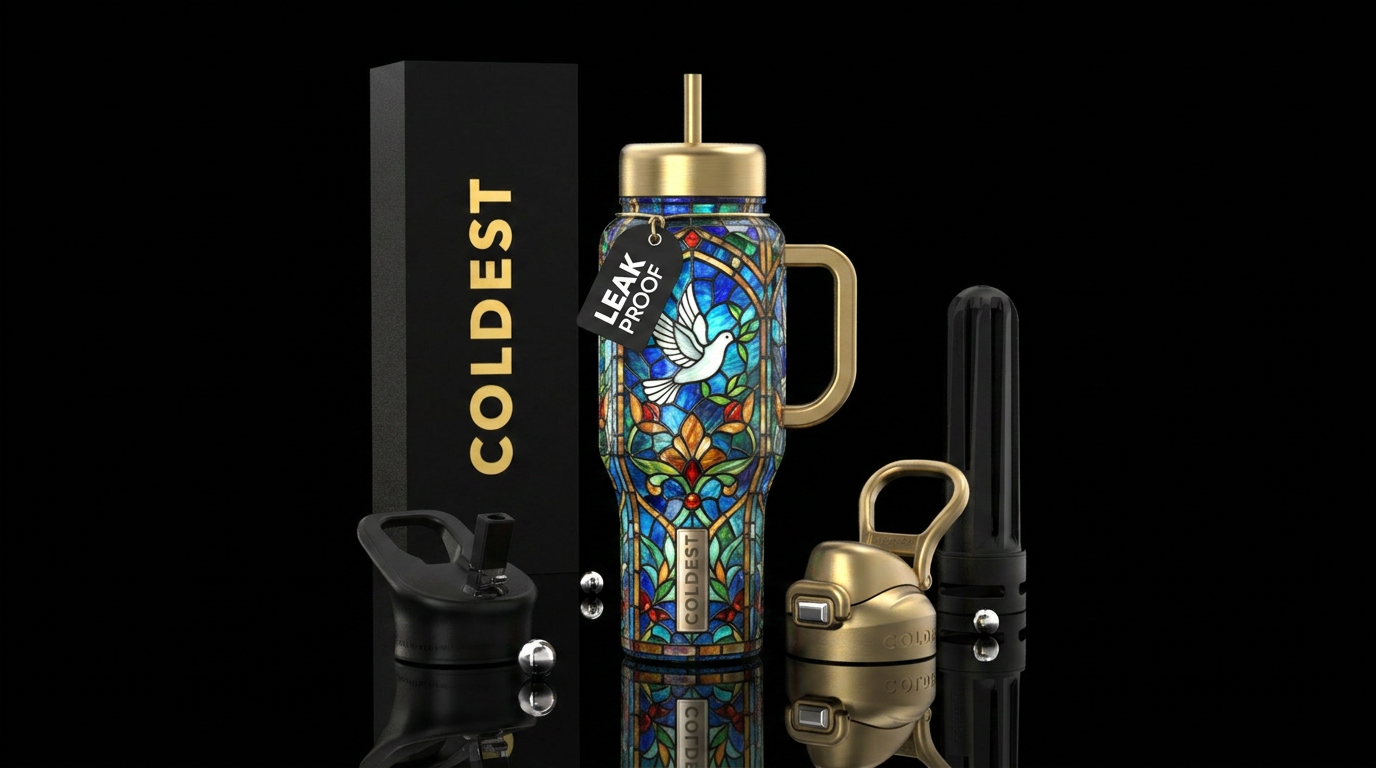 Tiffany lamp inspired glass, white dove flying, gl... water bottle design