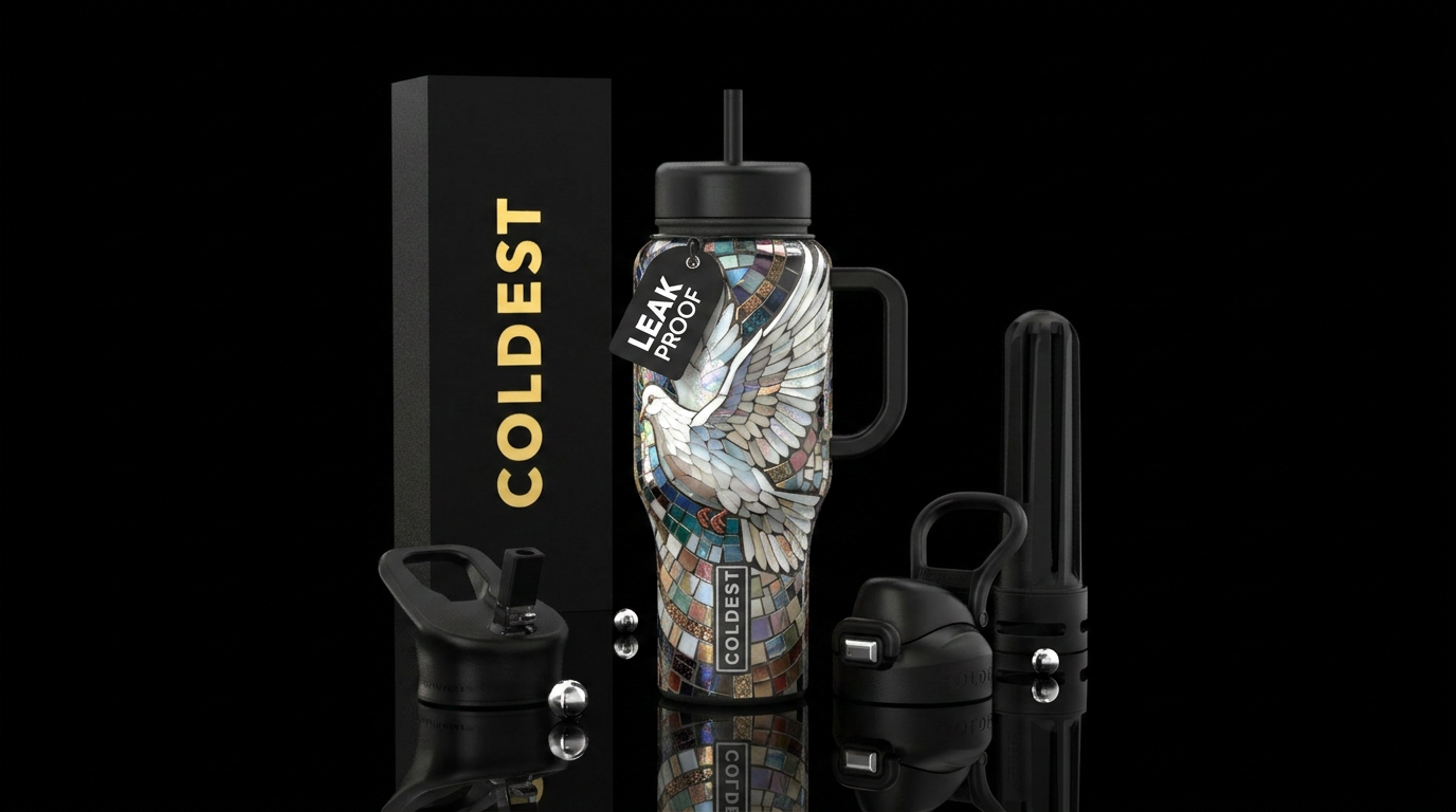 , white dove flying,mosaic glossy, trompe-l'œil water bottle design