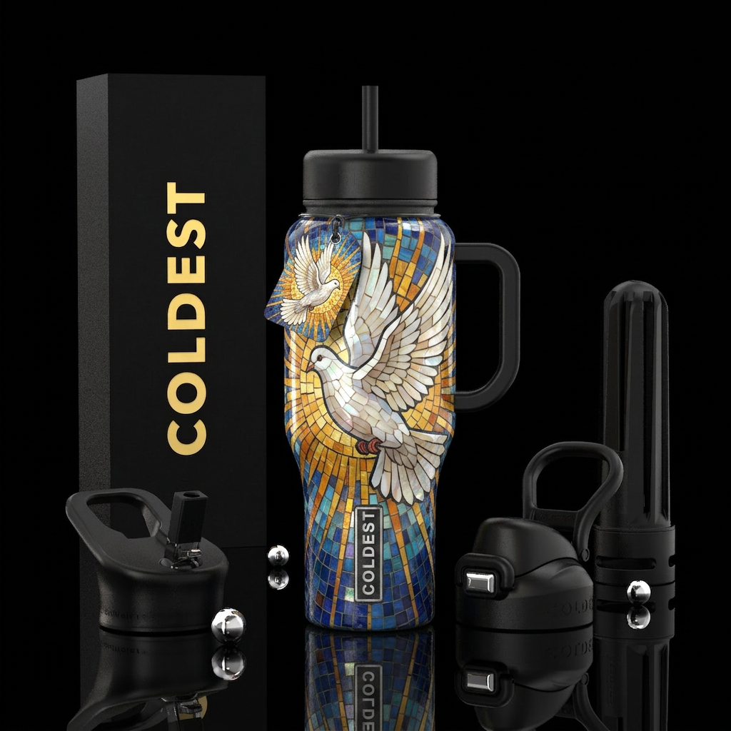, white dove flying,mosaic,sun,glossy, trompe-l'œi... water bottle design