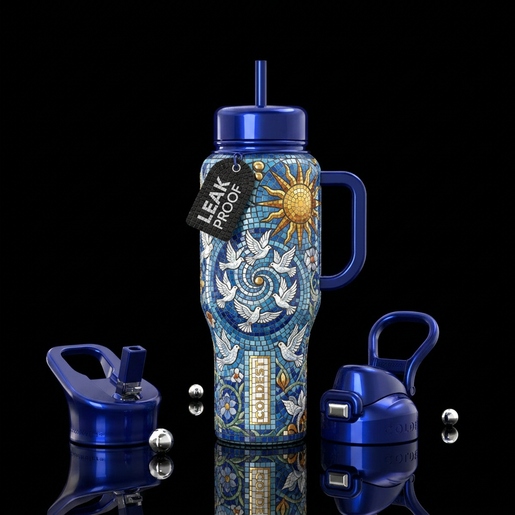 , white dove flying,mosaic,sun,glossy, trompe-l'œi... water bottle design