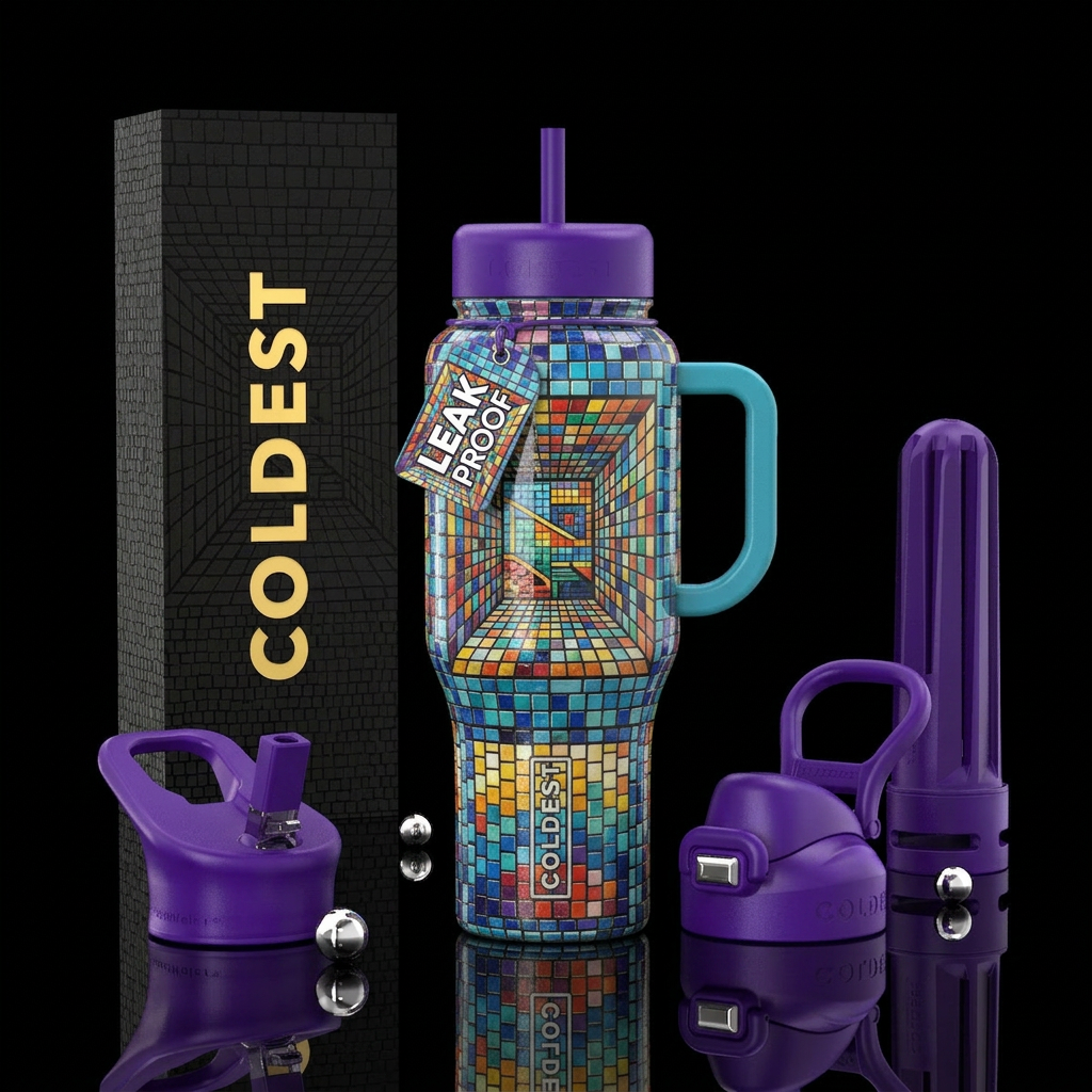 mosaic,glossy, trompe-l'œil water bottle design
