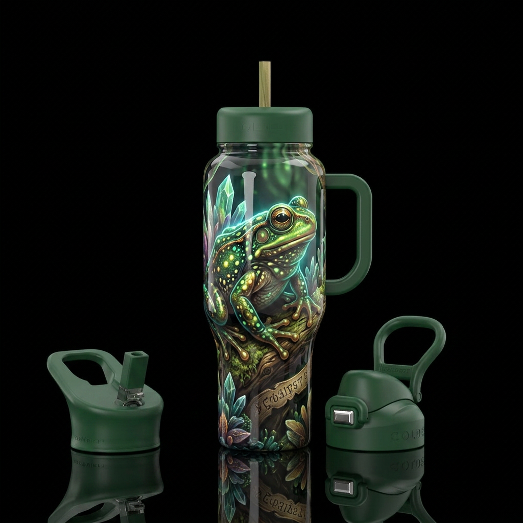 Beautiferous,glossy, trompe-l'œil ,fantasy frog water bottle design