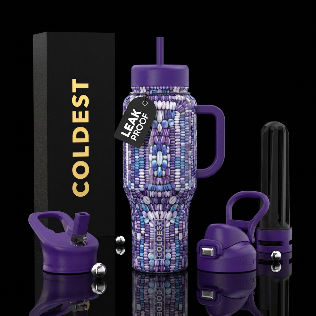 glossy, trompe-l'œil ,Wampum beads water bottle design