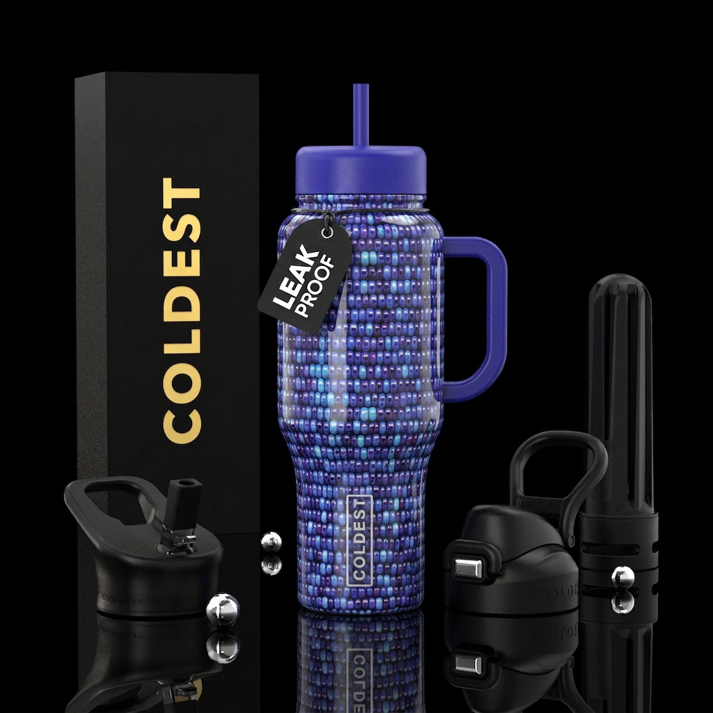 glossy, trompe-l'œil ,Wampum beads water bottle design