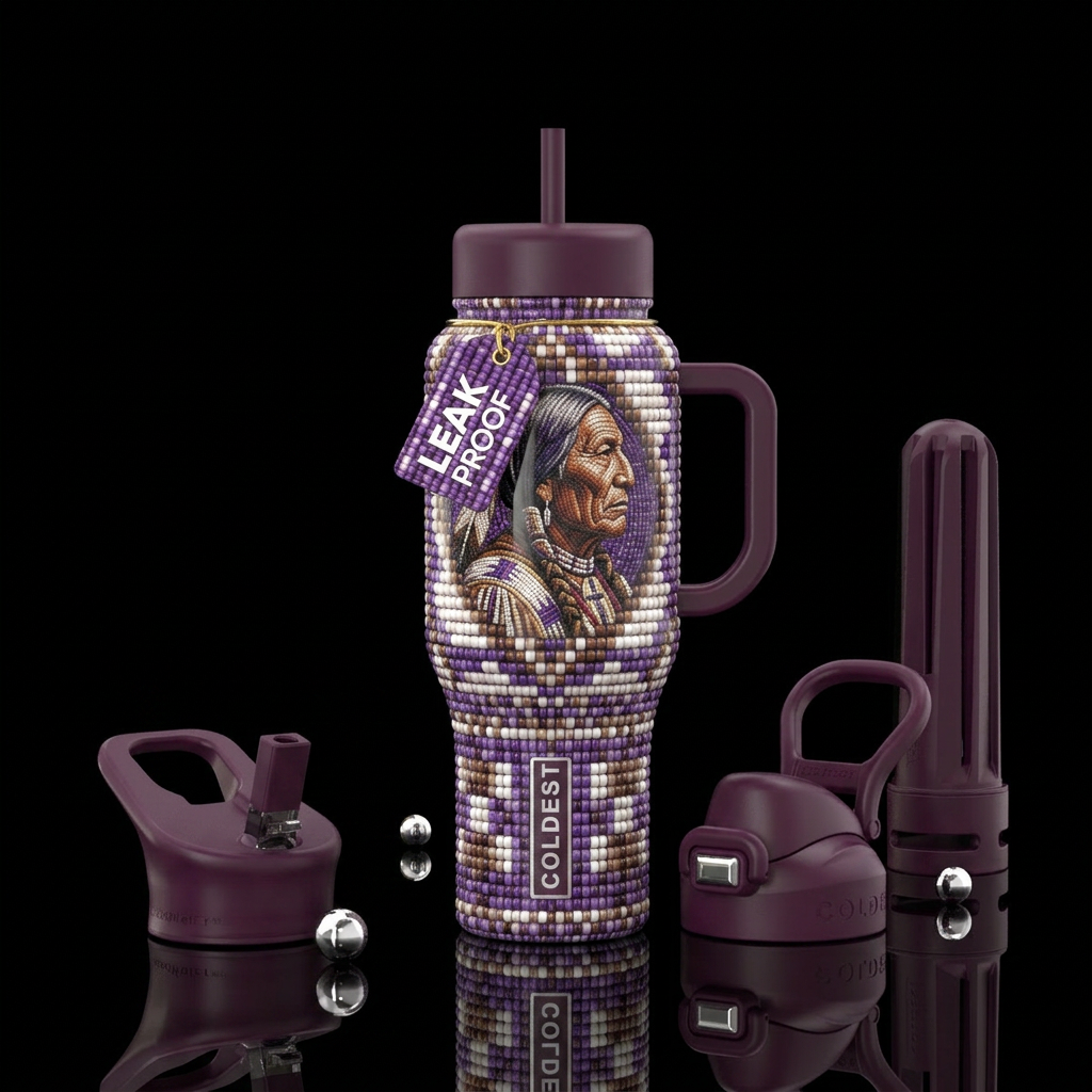 glossy, trompe-l'œil ,Wampum beads,native American water bottle design