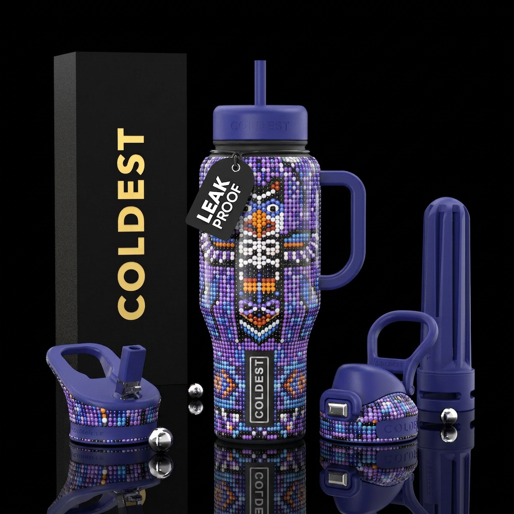 glossy, trompe-l'œil ,Wampum beads,native American... water bottle design