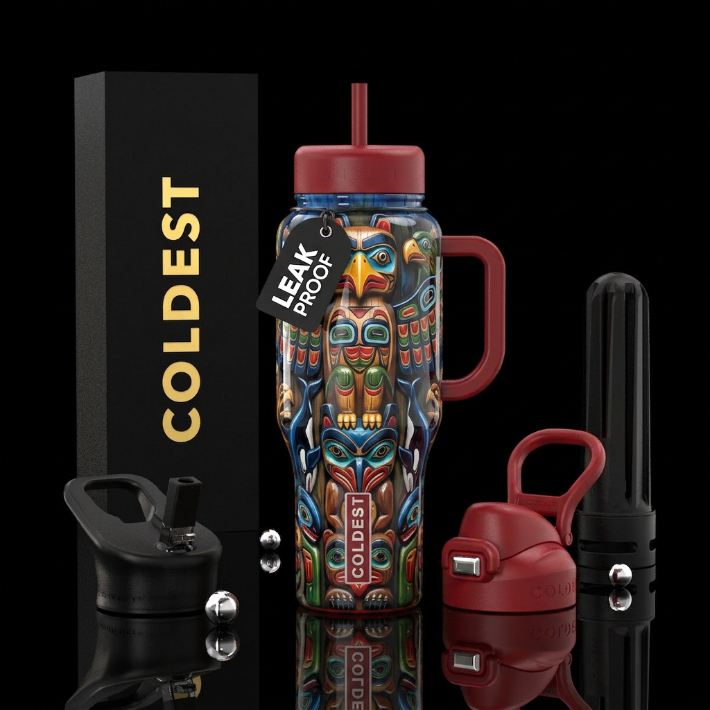 glossy, trompe-l'œil ,,native American totem water bottle design