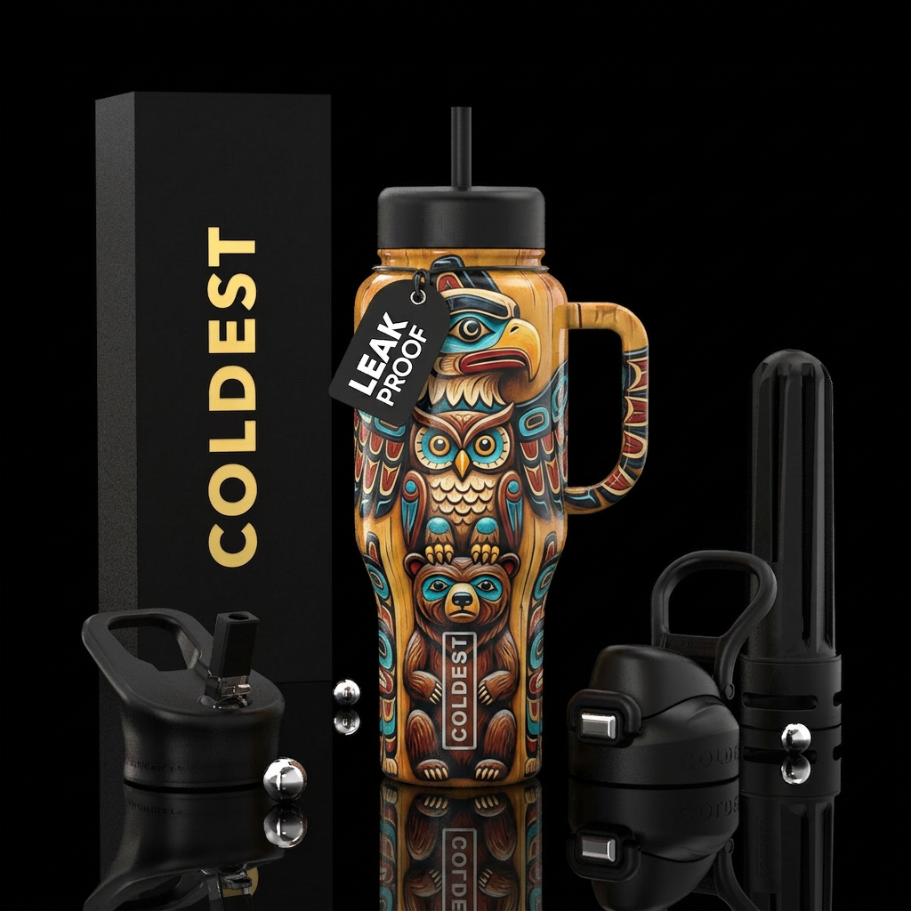 glossy, trompe-l'œil ,,native American totem water bottle design