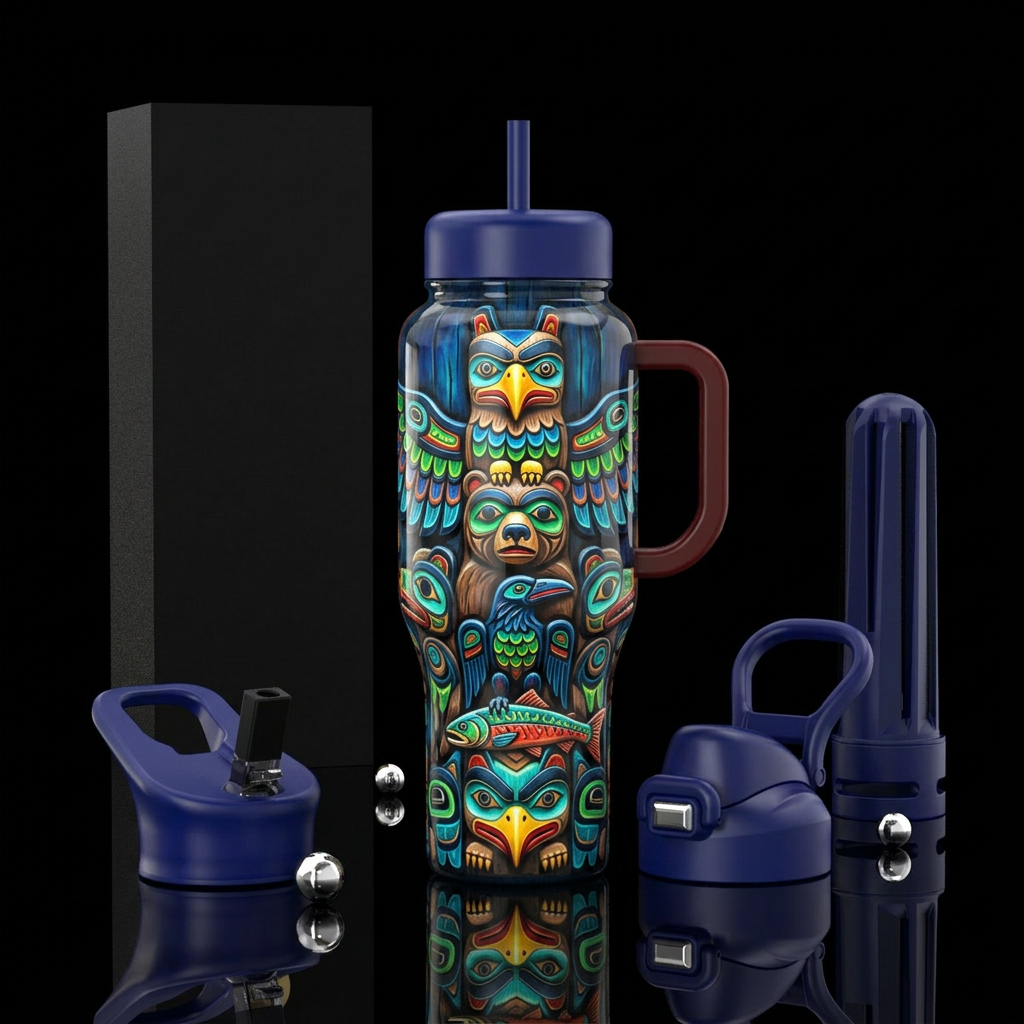 glossy, trompe-l'œil ,,native American totem,imbue... water bottle design