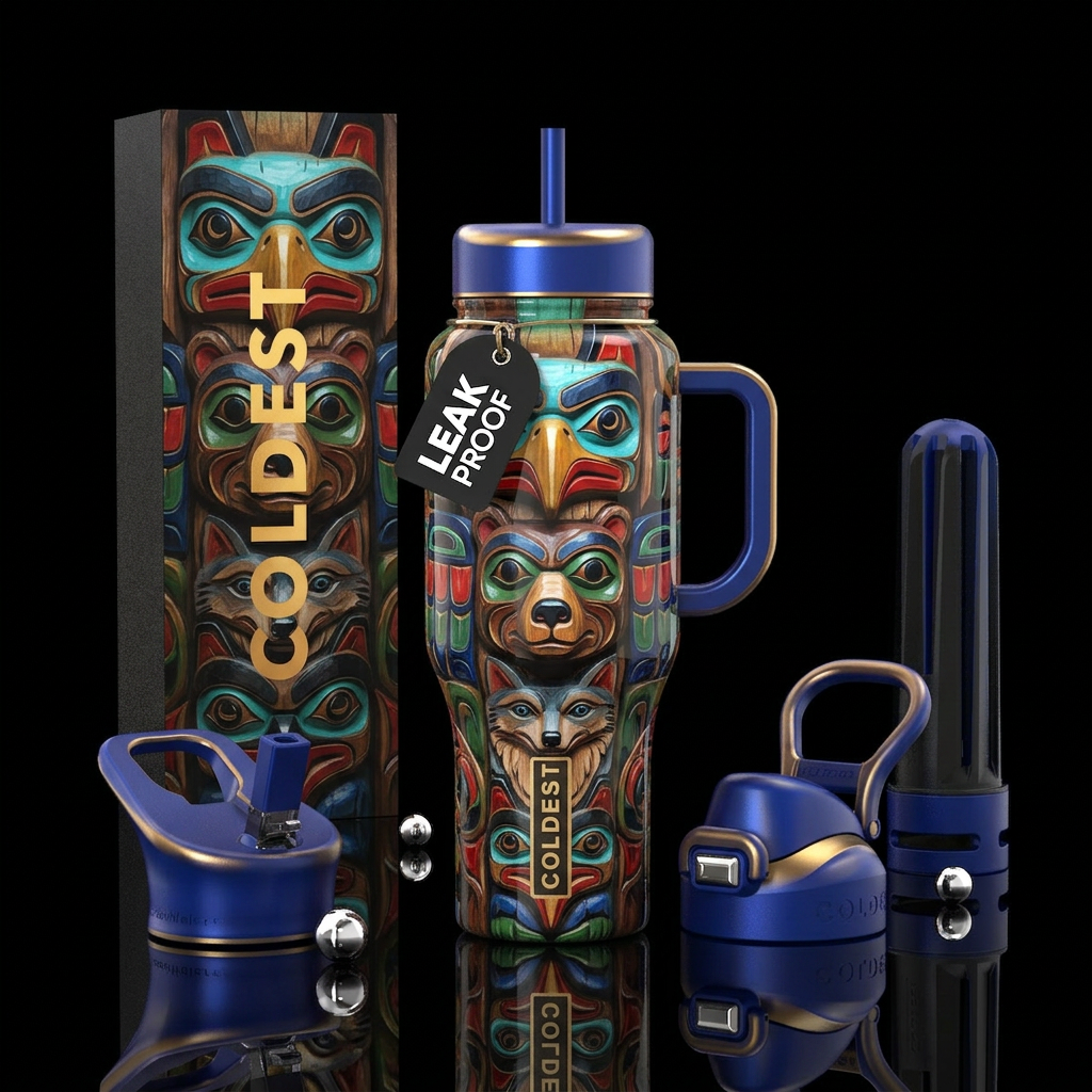 glossy, trompe-l'œil ,,native American totem,imbue... water bottle design