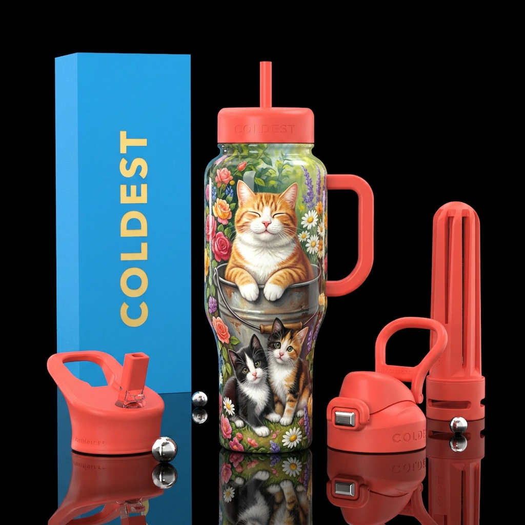 A fat cat sitting in a bucket and 2 kittens sittin... water bottle design