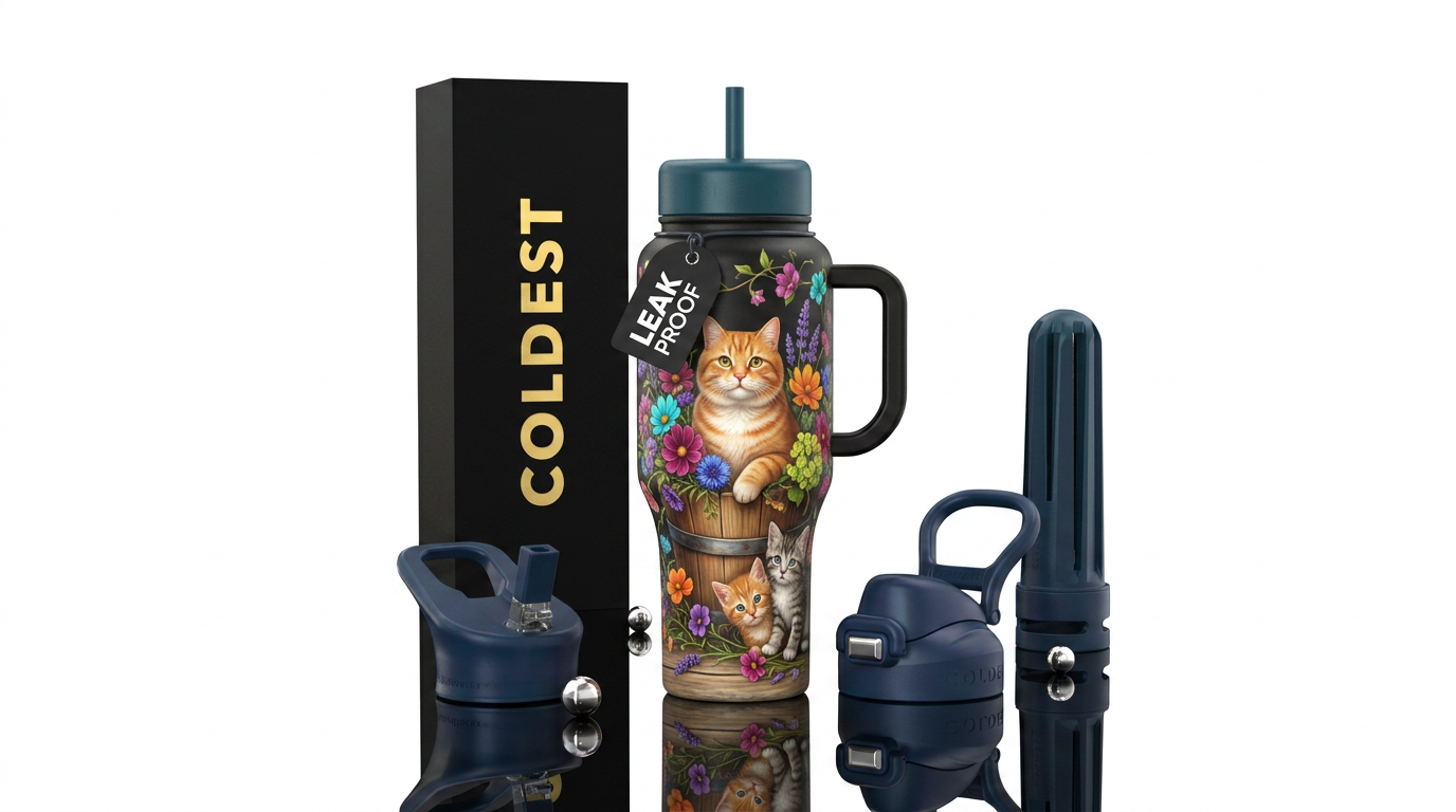 A fat cat sitting in a bucket and 2 kittens sittin... water bottle design