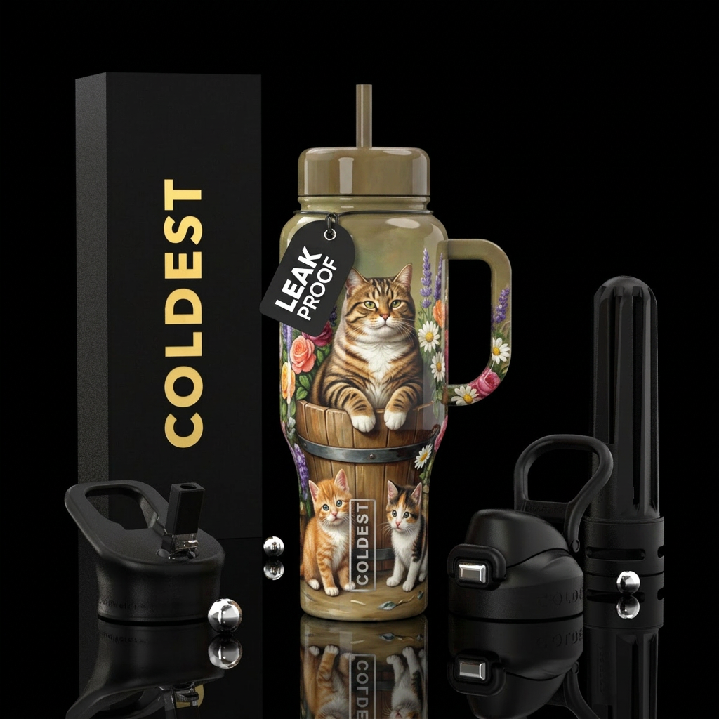 A fat chubby cat sitting in a bucket and 2 kittens... water bottle design
