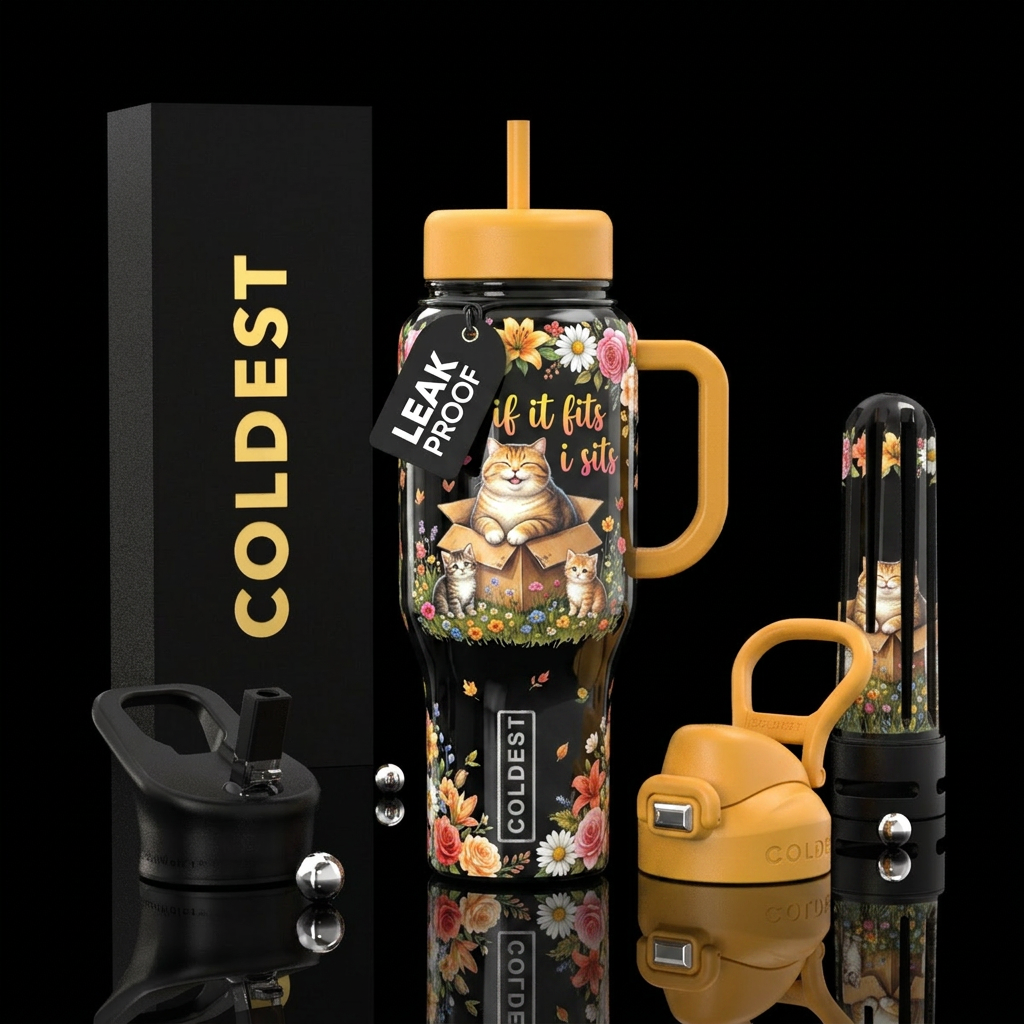 A fat chubby cat sitting in a box and 2 kittens si... water bottle design