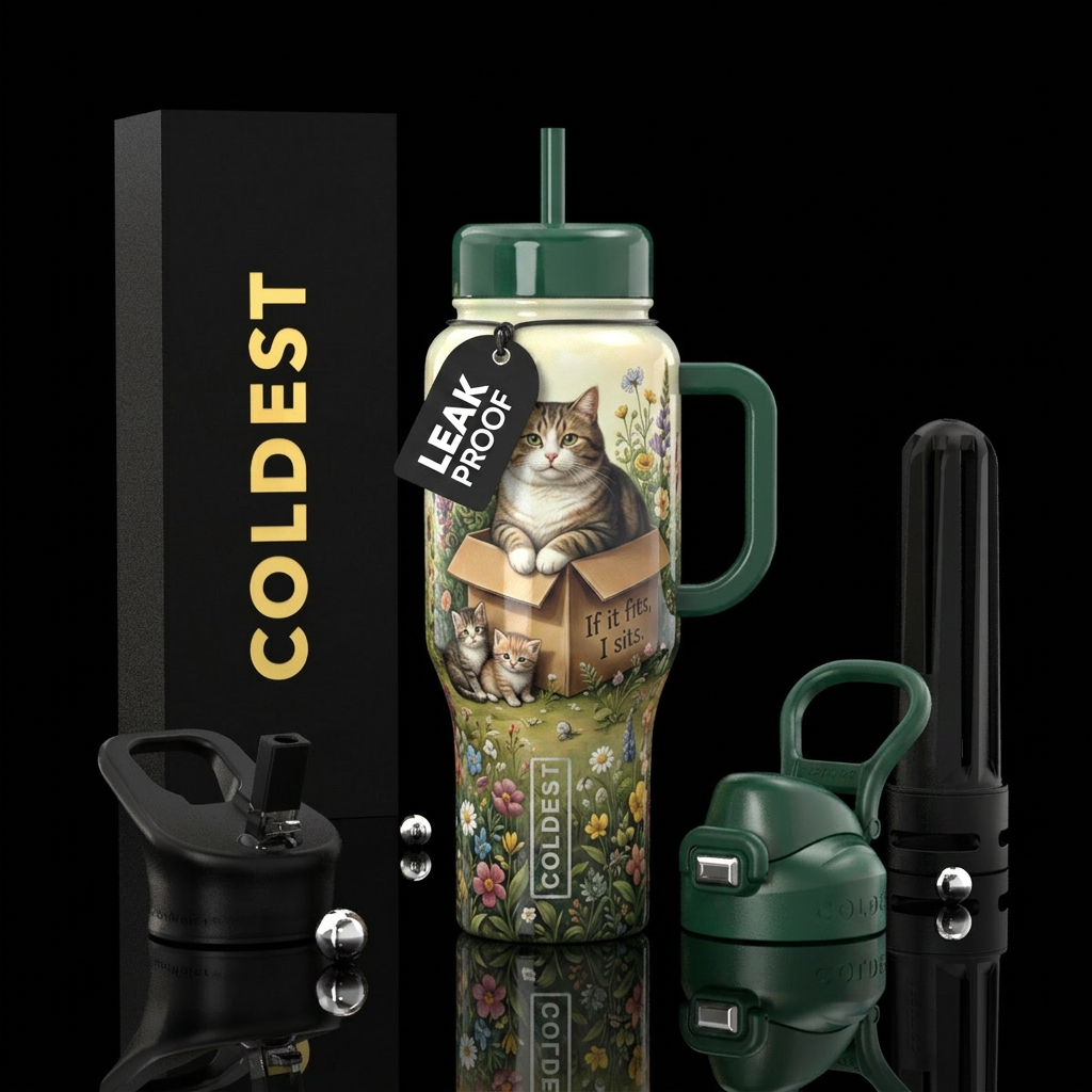 A fat chubby cat sitting in small box and 2 kitten... water bottle design