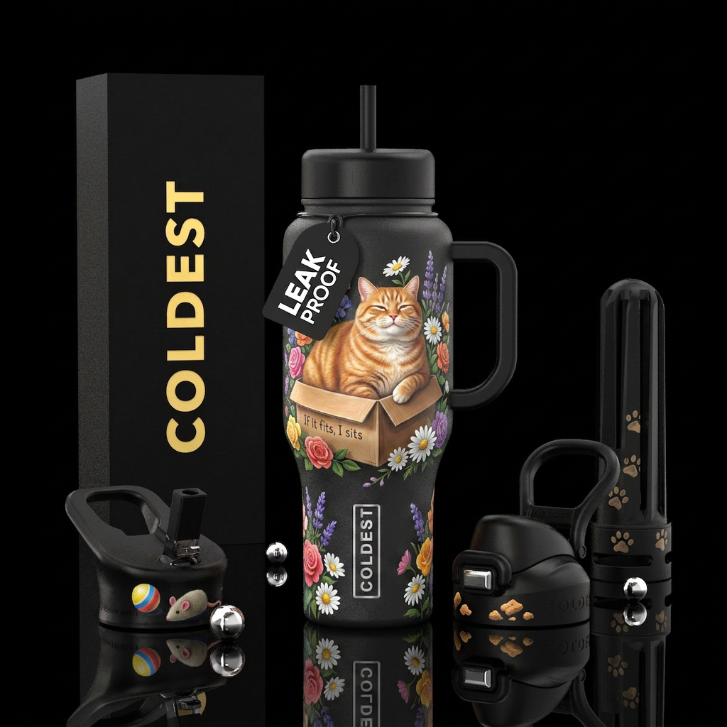 A fat chubby cat sitting in small box to small for... water bottle design