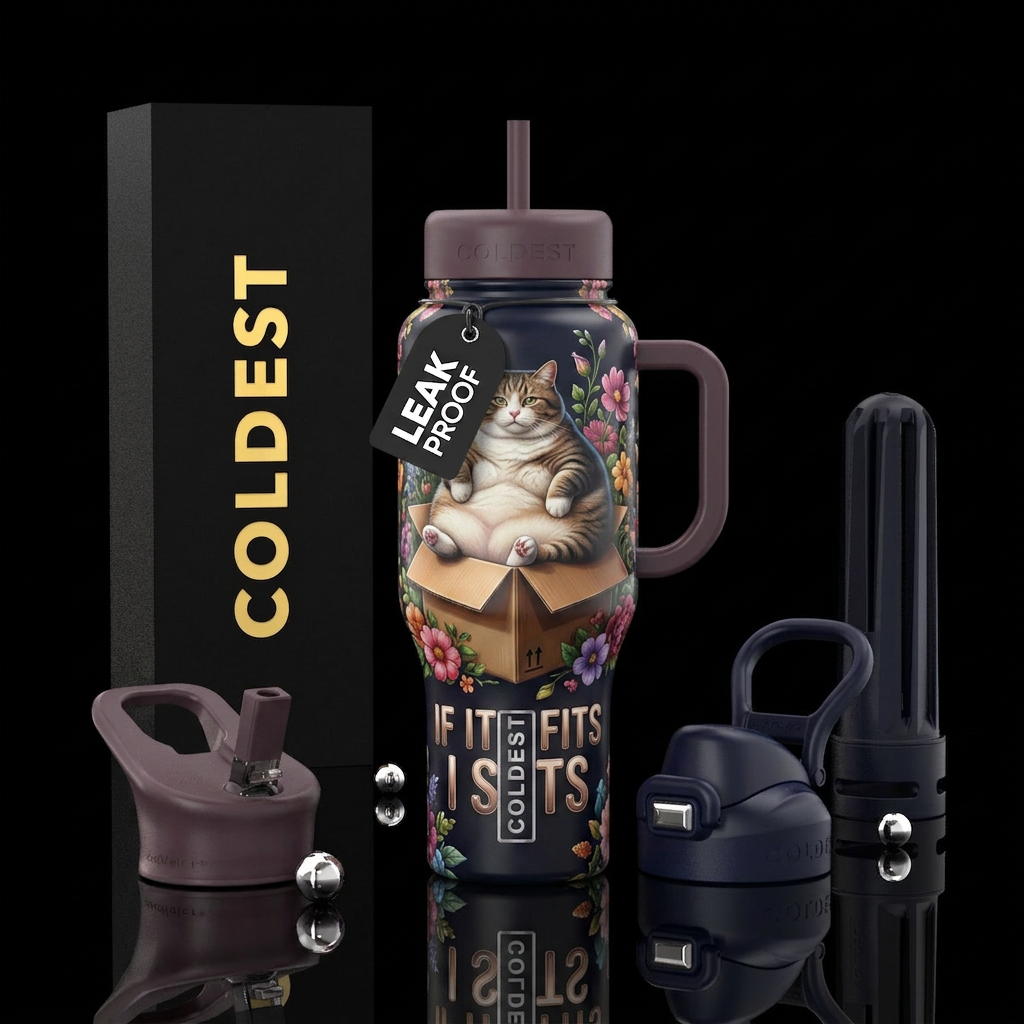 A fat chubby cat sitting in small box to small for... water bottle design