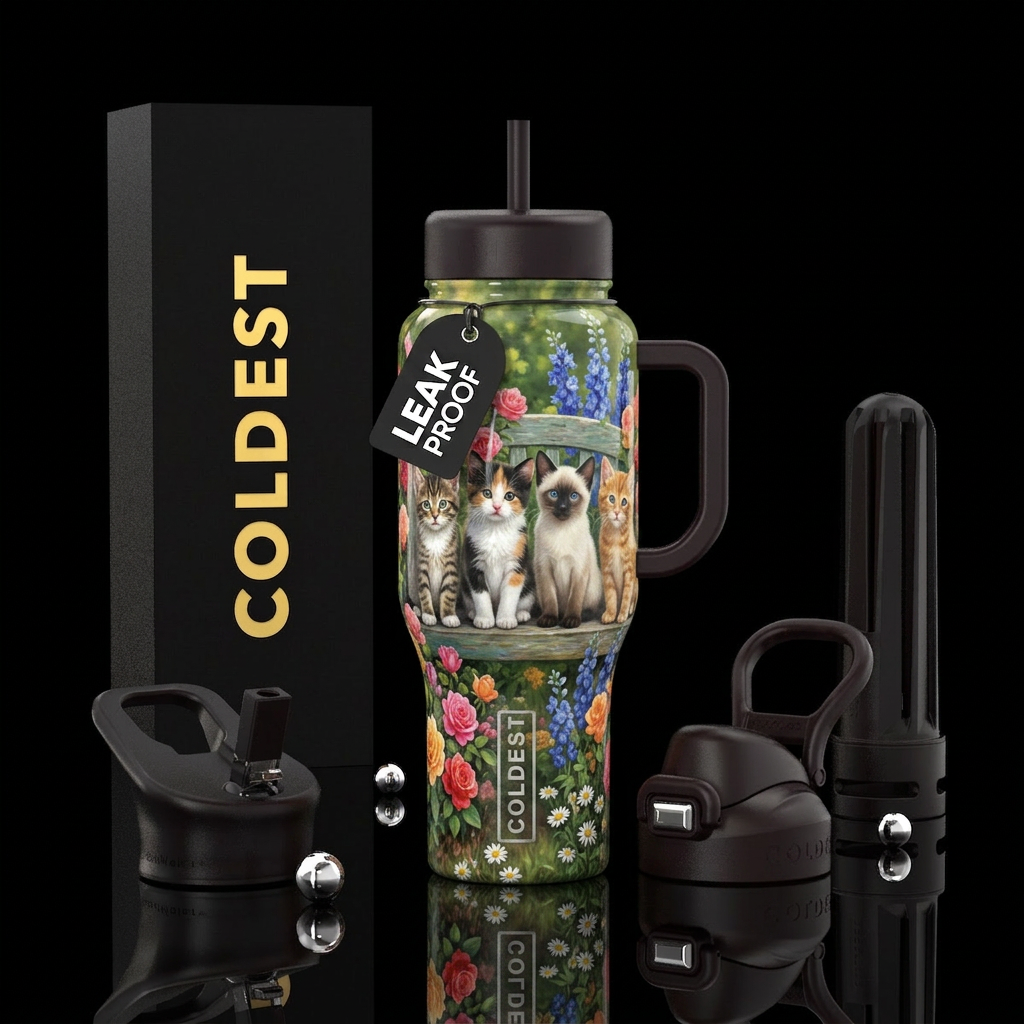 4 cute kittens sitting on a bench,flowers around, ... water bottle design