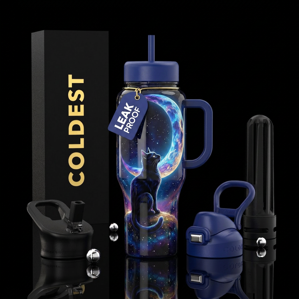 Cat looking up at crescent moon, glossy, trompe-l'... water bottle design