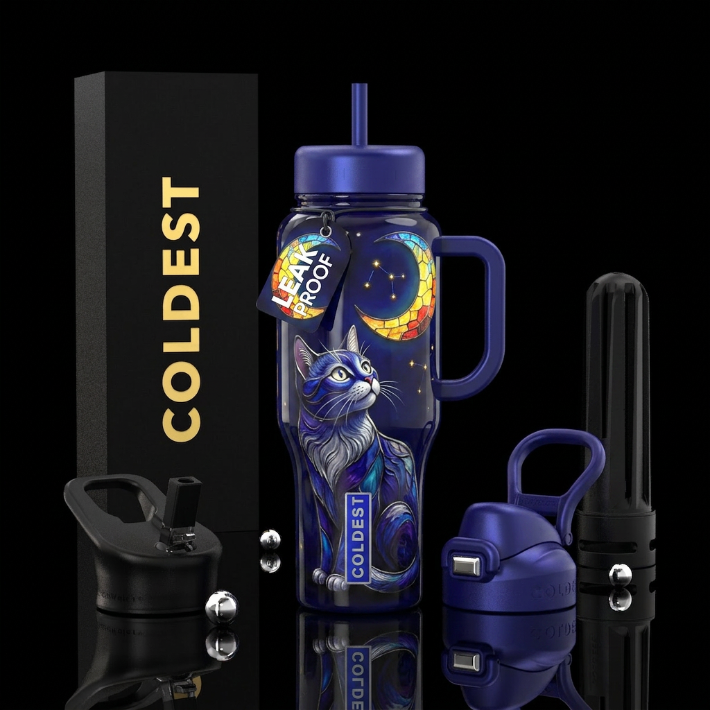 Cat looking up at crescent moon, glossy, trompe-l'... water bottle design