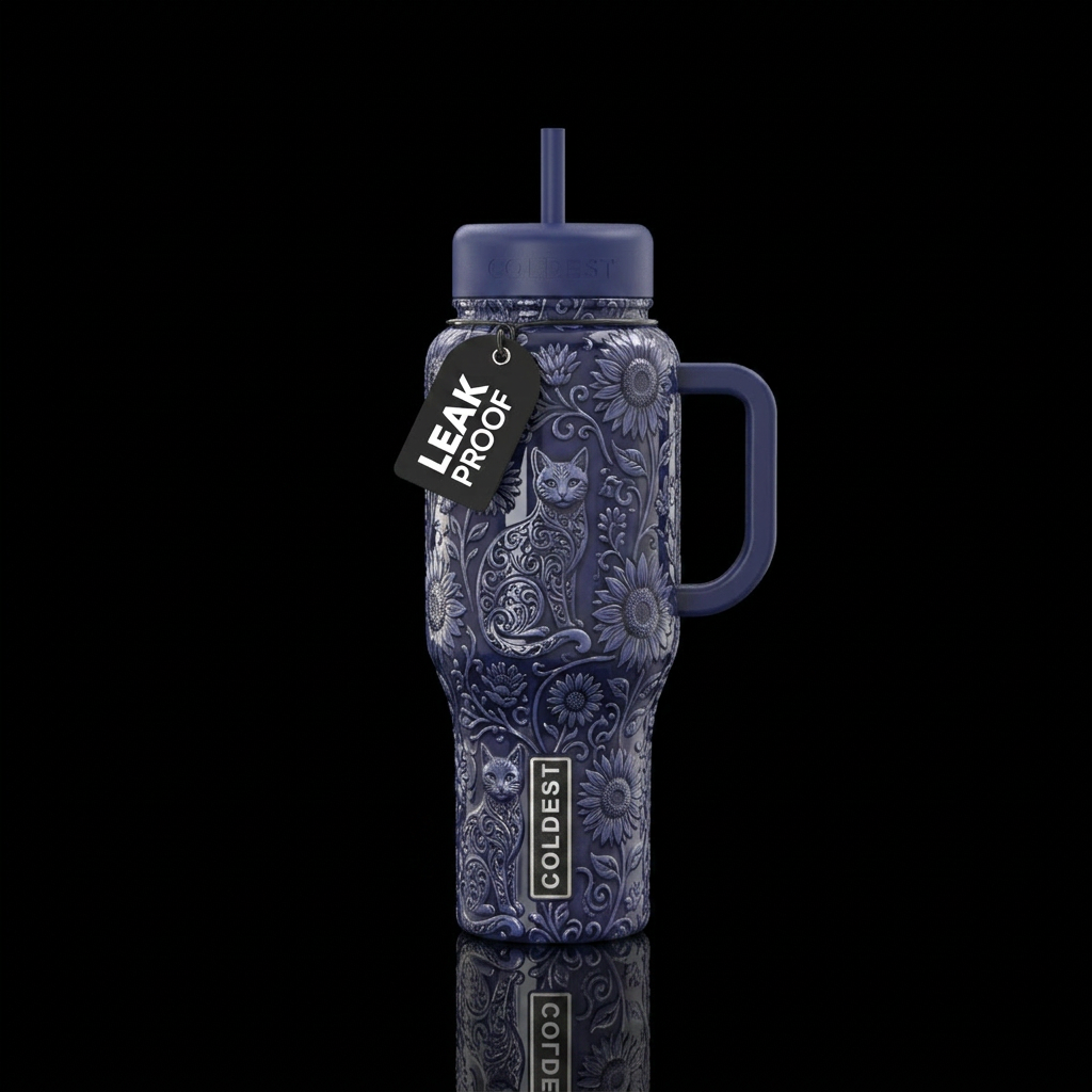 Filigree cats and sunflowers, glossy, trompe-l'œil... water bottle design