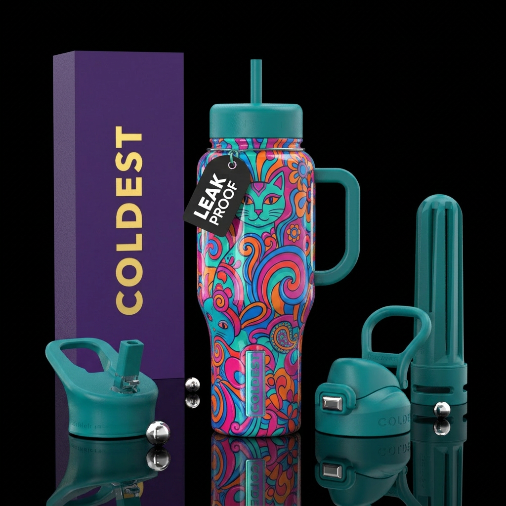 Groovy cat, glossy, trompe-l'œil, water bottle design