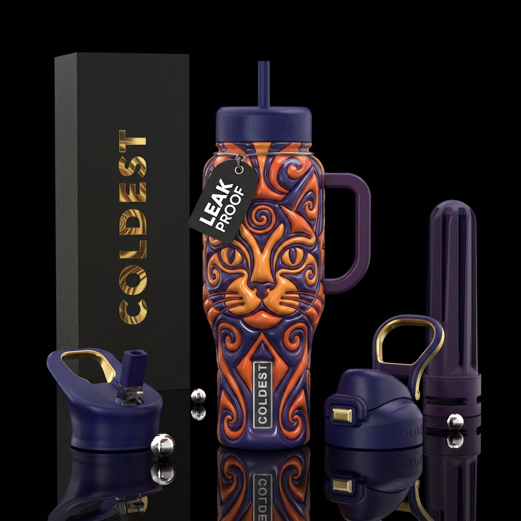 Groovy cat, glossy, trompe-l'œil, water bottle design