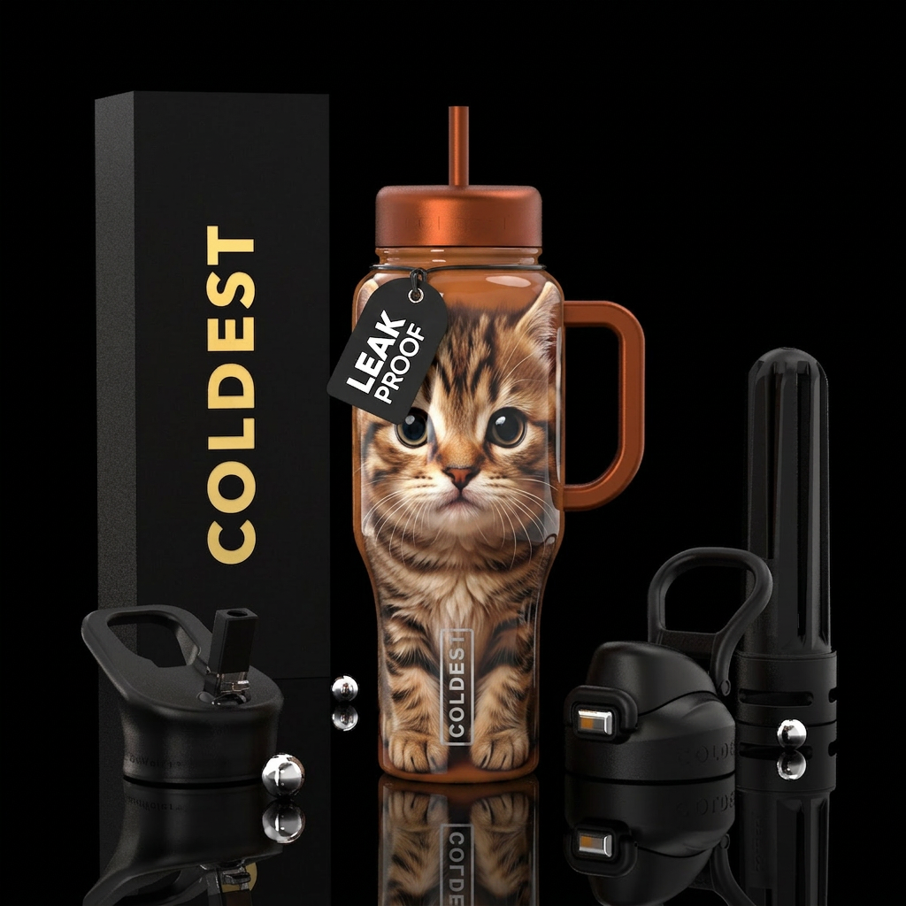 The cutest cat, glossy, trompe-l'œil water bottle design