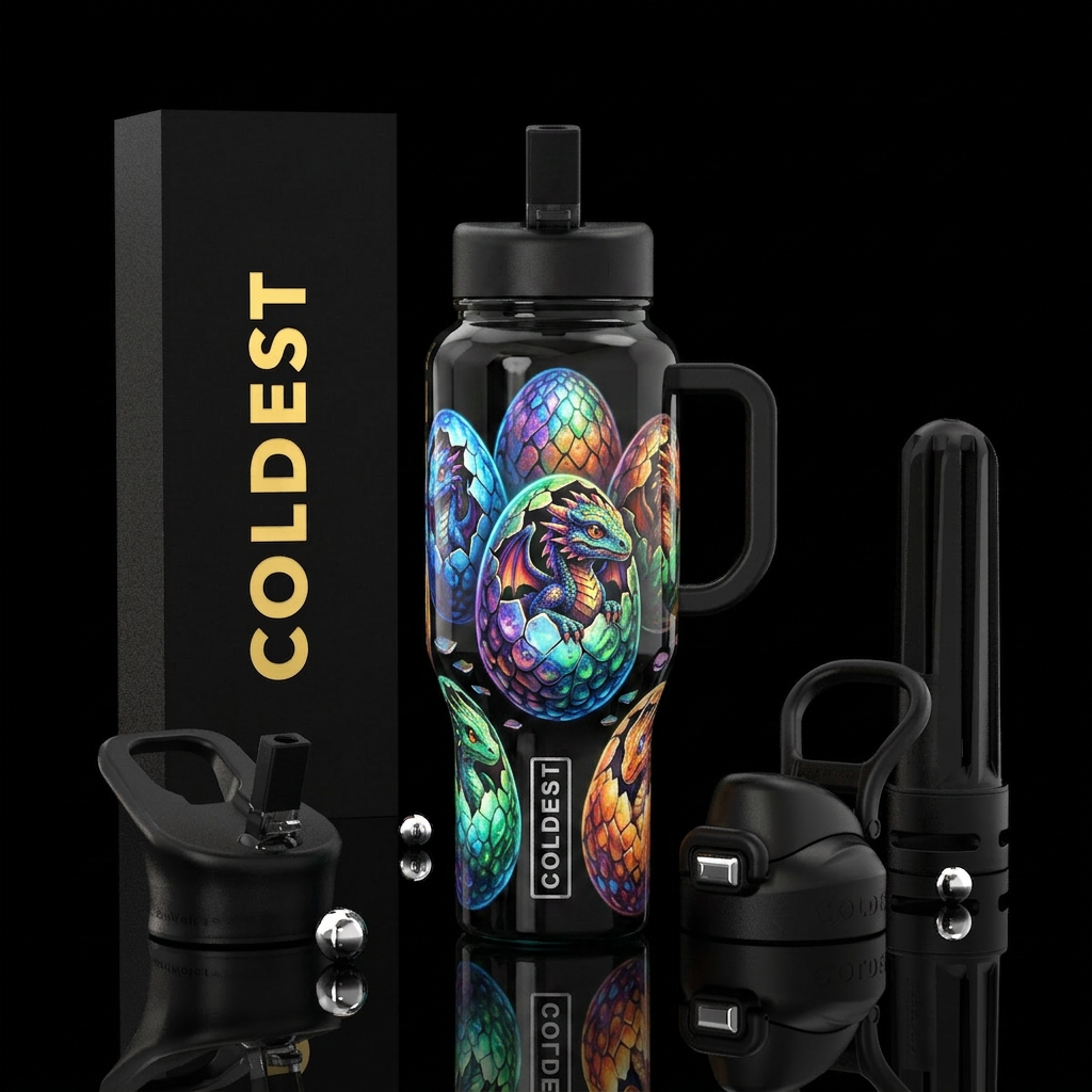Dragon babies hatching from eggs, glossy, trompe-l... water bottle design