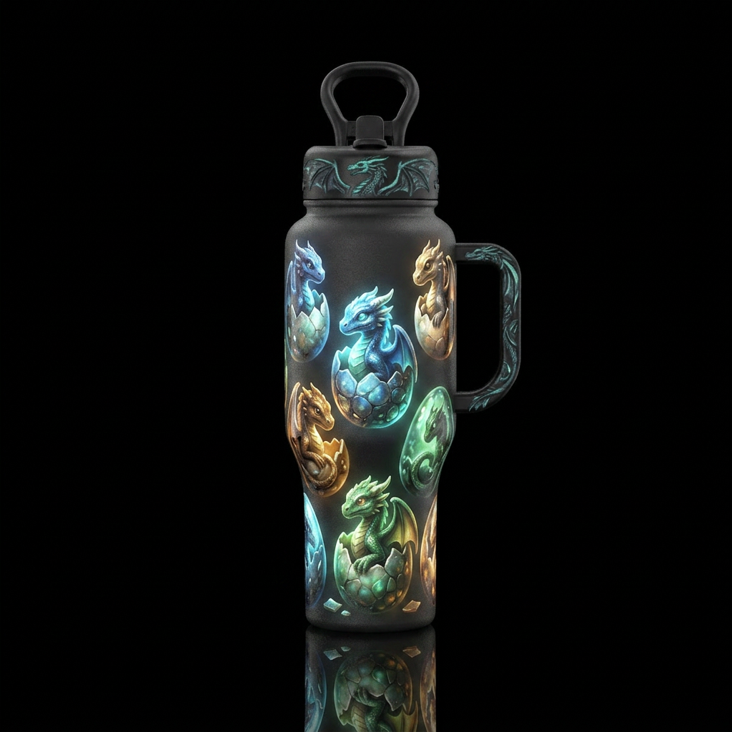 Dragon babies hatching from eggs, glossy, trompe-l... water bottle design