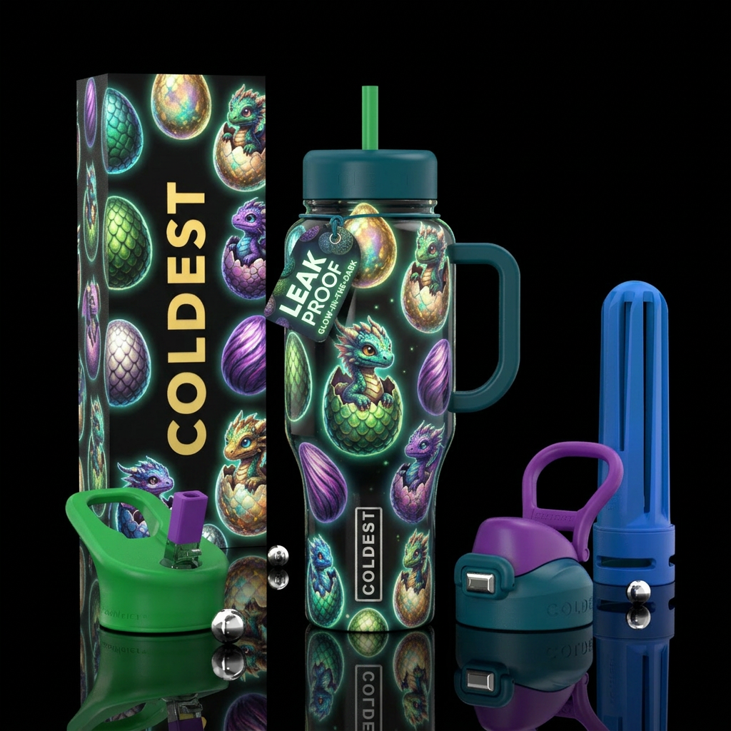Dragon babies hatching from eggs all over bottle, ... water bottle design