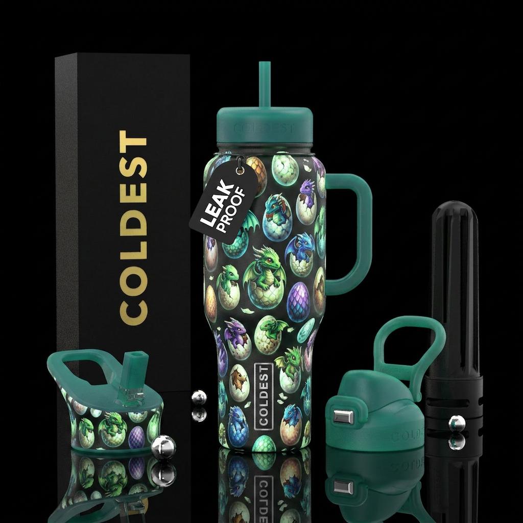 Dragon babies hatching from eggs all over bottle, ... water bottle design