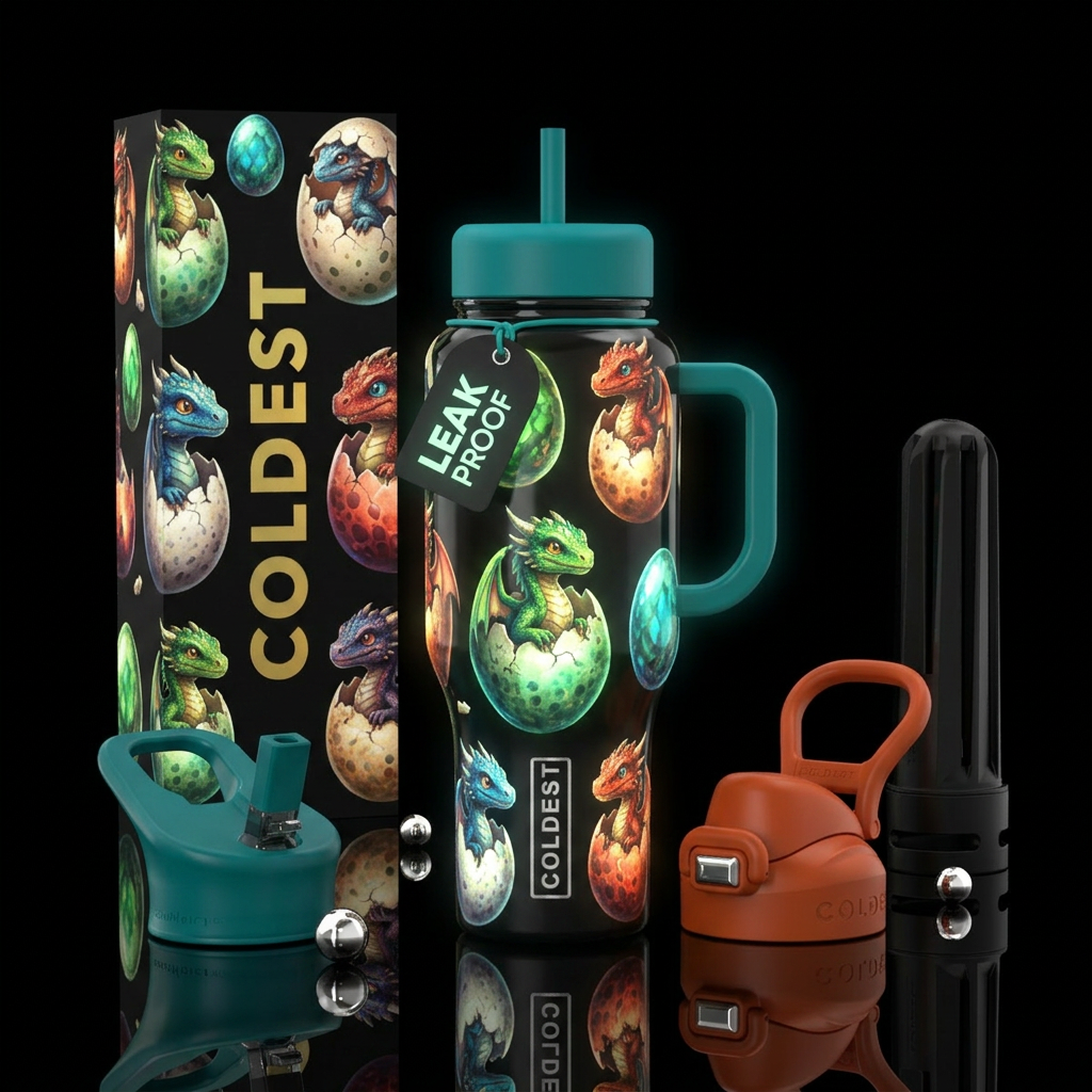 Dragon babies hatching from eggs all over bottle, ... water bottle design