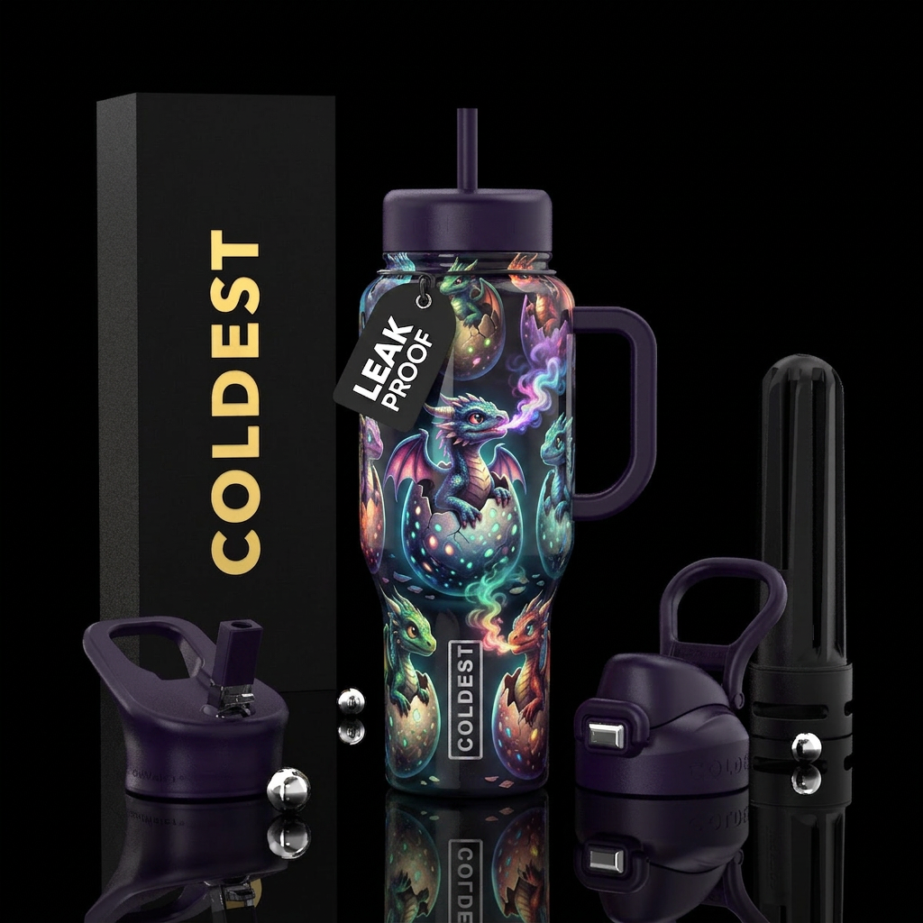 Dragon babies hatching from eggs all over bottle,s... water bottle design