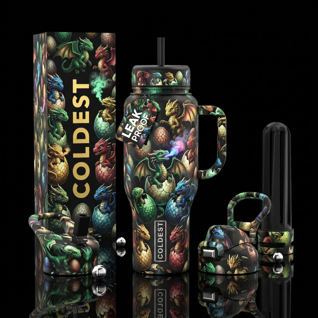Dragon babies hatching from eggs all over bottle,s... water bottle design