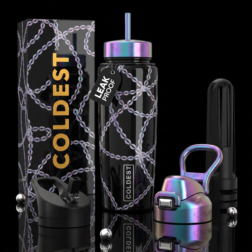 Glossy black background, holographic lips chains,g... water bottle design
