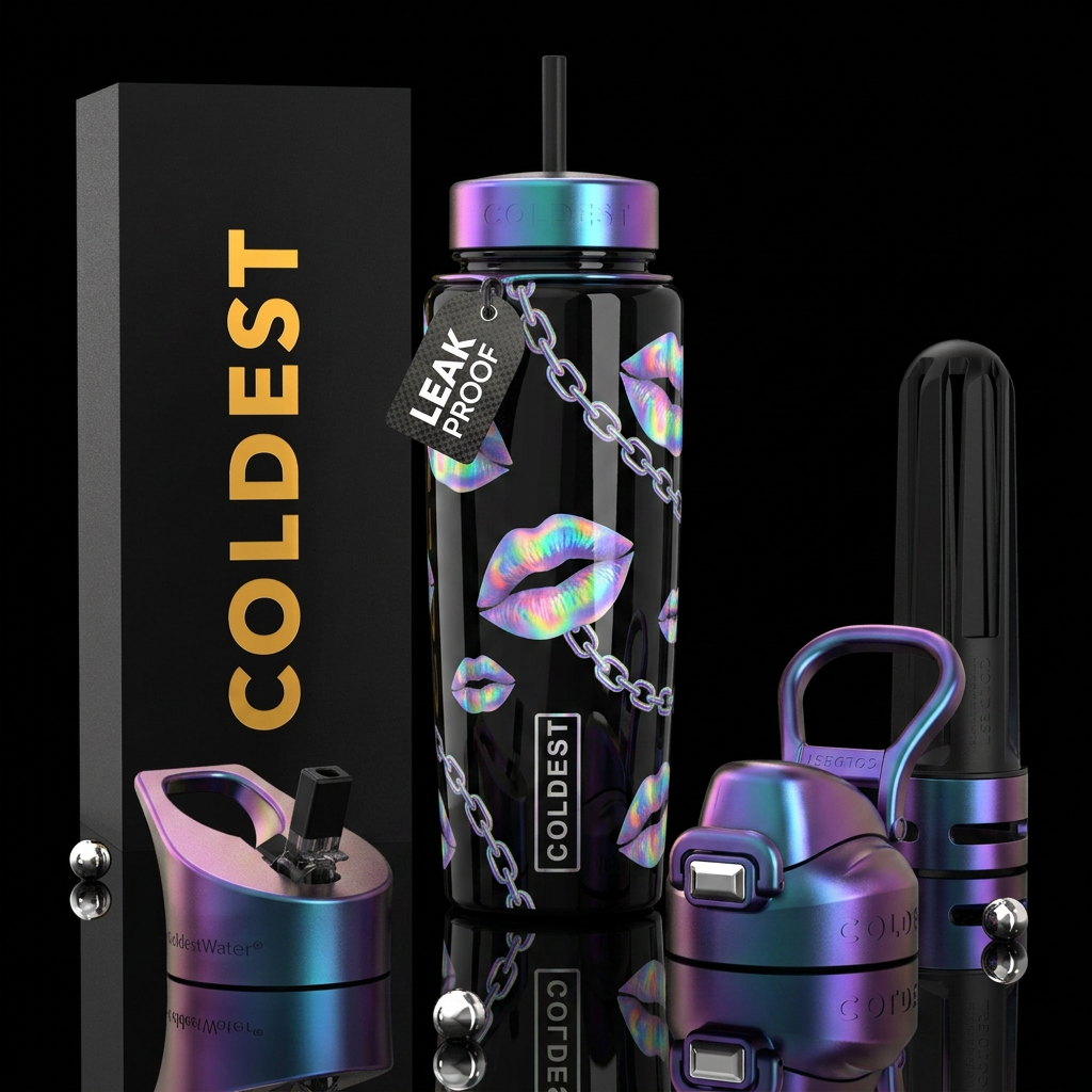 Glossy black background, holographic lips and chai... water bottle design