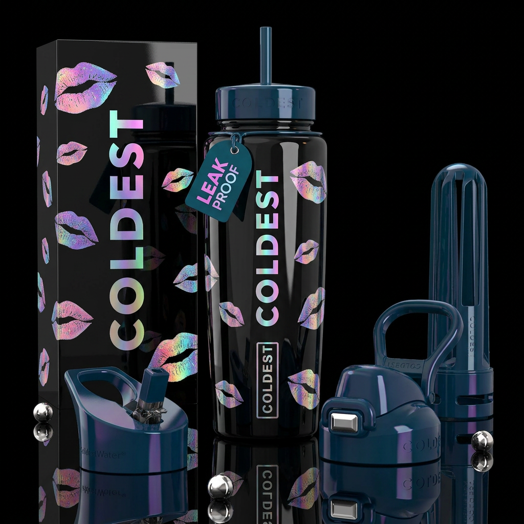 Glossy black background, holographic lips ,glossy,... water bottle design