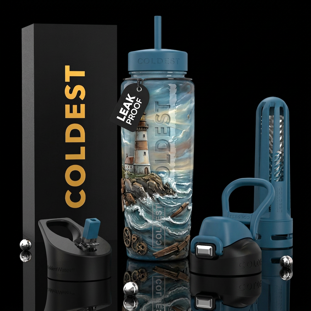 ,glossy,trompe-l'œil, subtle, mixed media, lightho... water bottle design