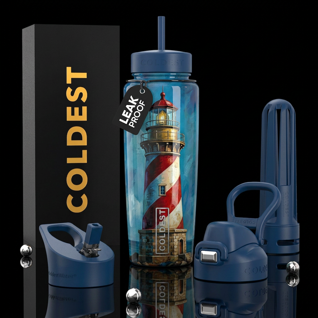 ,glossy,trompe-l'œil, subtle, mixed media, lightho... water bottle design