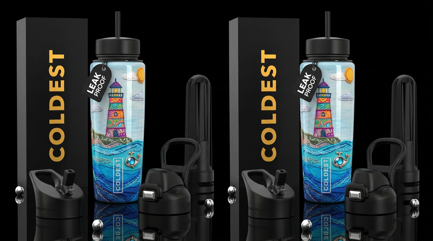 ,glossy,trompe-l'œil, subtle, mixed media, lightho... water bottle design