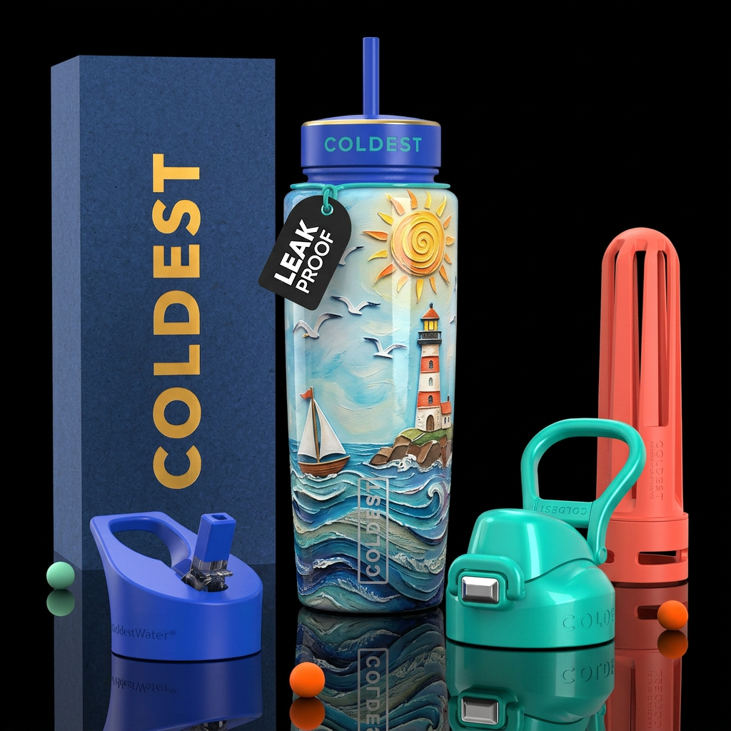 ,glossy,trompe-l'œil, subtle, mixed media, lightho... water bottle design