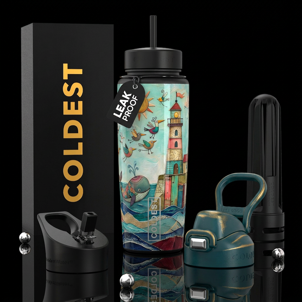 ,glossy,trompe-l'œil, subtle, mixed media, lightho... water bottle design