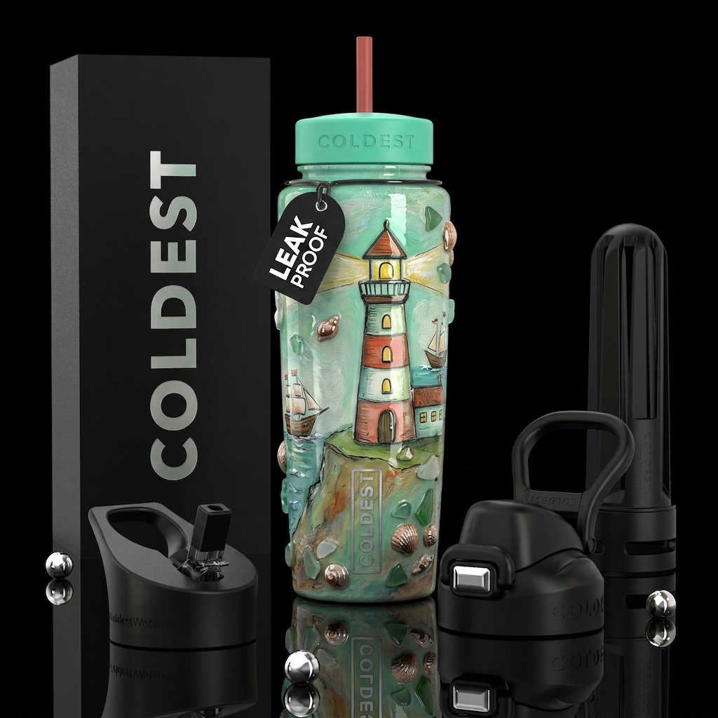 ,glossy,trompe-l'œil, subtle, mixed media, lightho... water bottle design
