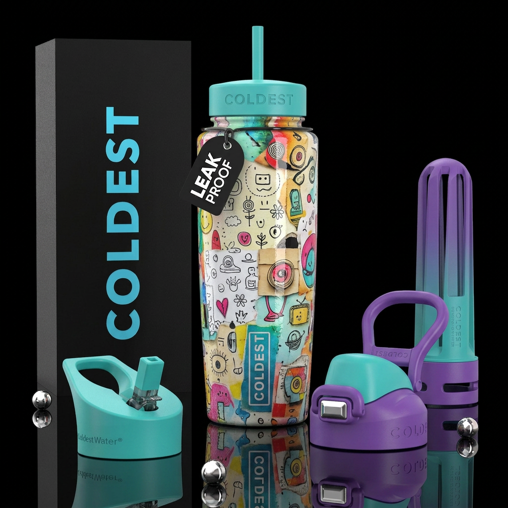 ,glossy,trompe-l'œil, subtle, mixed media,  whimsi... water bottle design